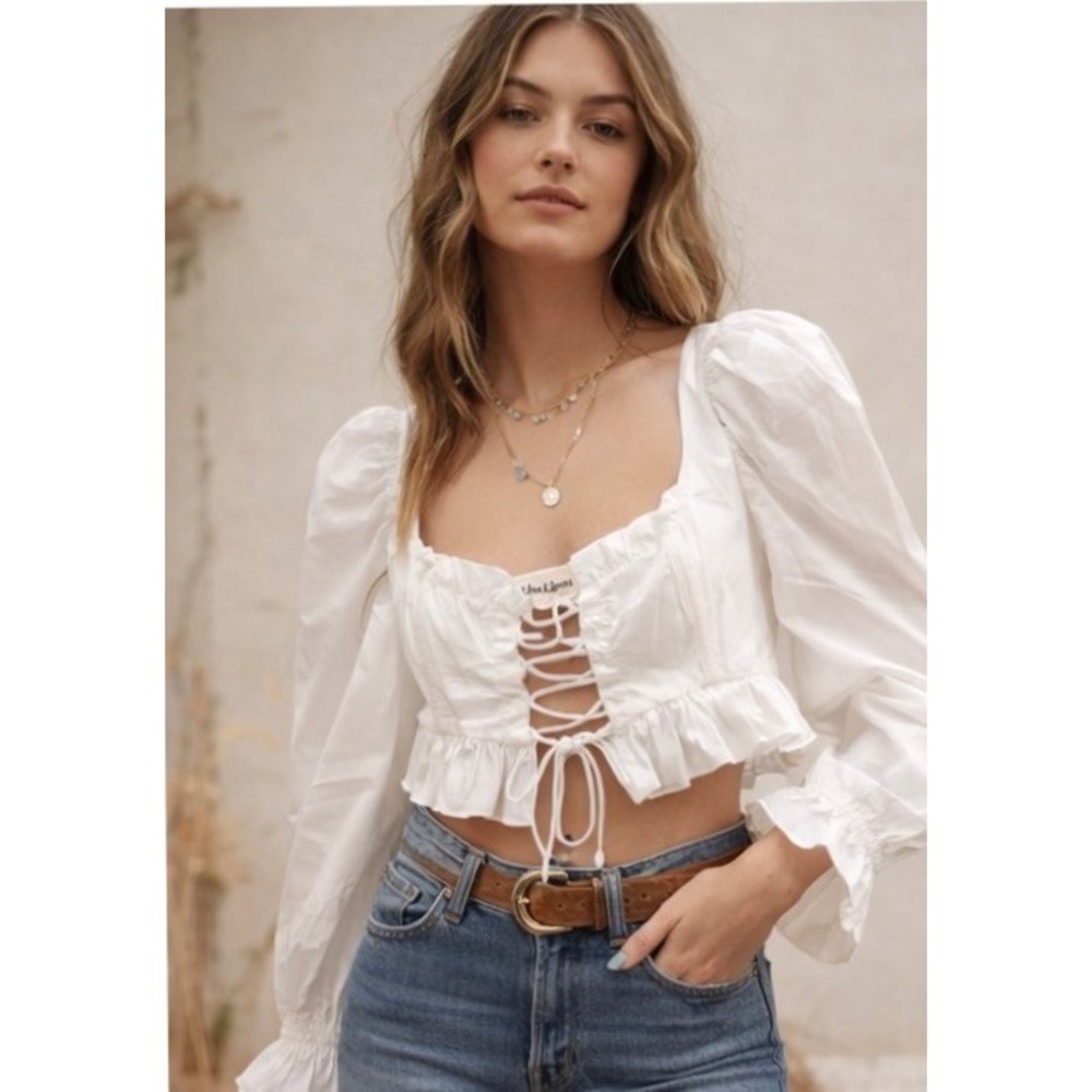 For Love & Lemons White Puff Sleeve Corset Lace Up Crop Top Organic Cotton XS